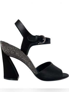 Salvatore Ferragamo Aede Black Satin Rhinestone Block Heel Sandals 6.5 Evening